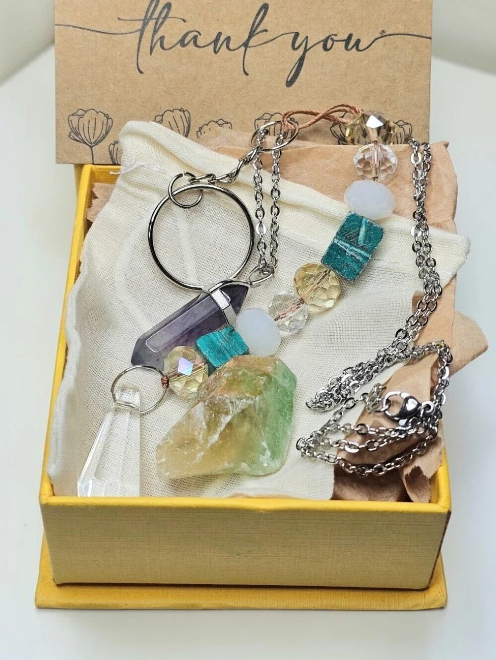Mixed Crystal Pendant Necklace and Keychain Set in Green and Aqua